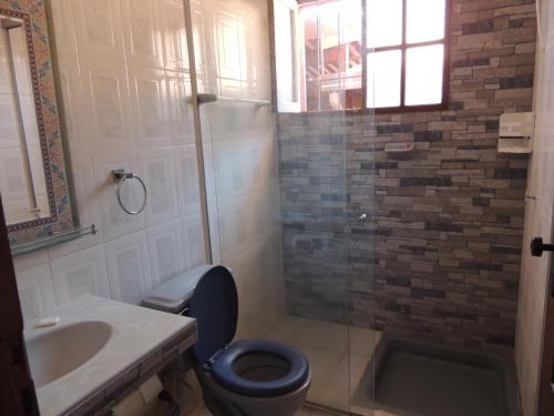 La salle de bains est pourvue de toilettes bleues et d'un lavabo. dans l'établissement Hostal Dinosaurio, à Torotoro