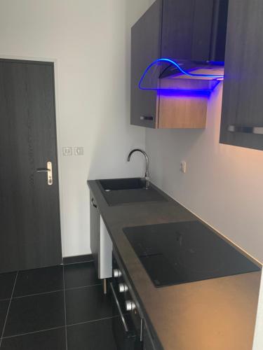 une cuisine avec un évier et un plan de travail noir dans l'établissement Belle maisonnette au cœur de Nancy centre, à Nancy