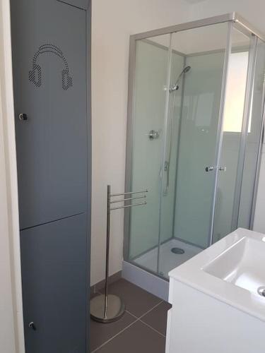 a bathroom with a glass shower and a sink at Coquet et confortable Appartement T2 in Rognac