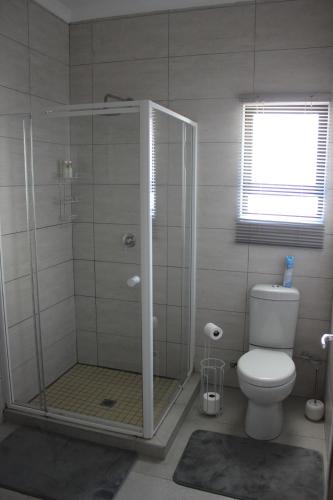 a bathroom with a shower with a toilet and a window at 4499 Desert Rose in Swakopmund