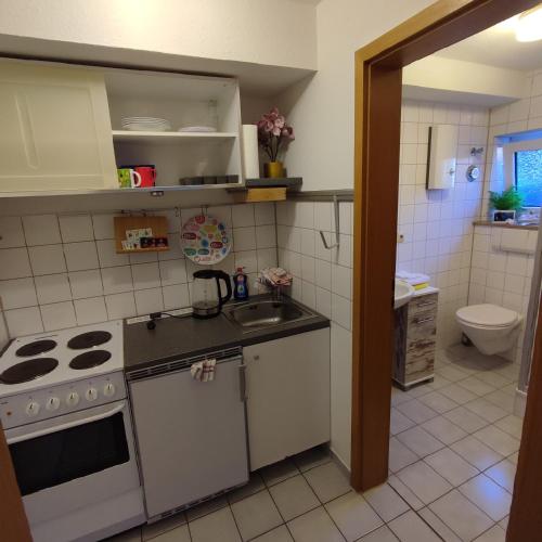 a small kitchen with a stove and a sink at Siebeneichen in Affalterbach