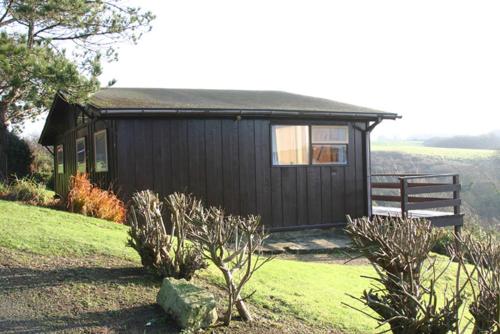 a small black cabin with a window in a field at 9 Timber Hill in Broad Haven