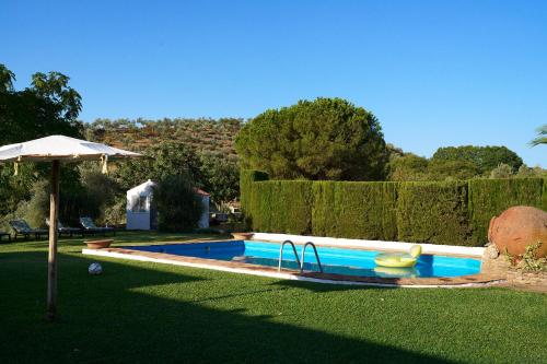 a swimming pool with a slide and an umbrella at Villa Botero in Constantina