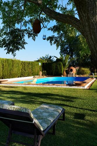 a swimming pool with a bench in the grass at Villa Botero in Constantina