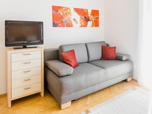 グラーツにあるAppartement AUSTRIAのリビングルーム(赤い枕2つ付きのグレーのソファ付)