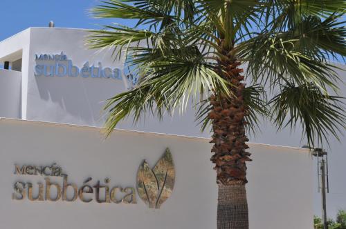 a palm tree in front of a building with a sign at Hotel Mencia Subbética in Doña Mencía