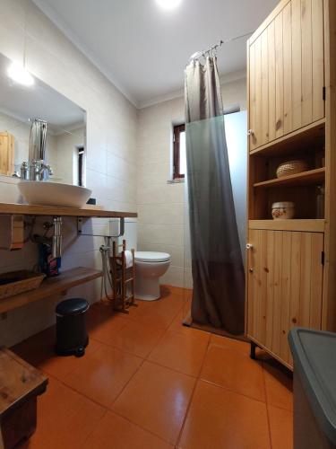 a bathroom with a shower and a sink and a toilet at casa do vale - Lagoa de Albufeira in Lagoa de Albufeira