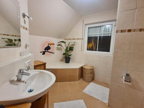 a bathroom with a sink and a shower and a window at Ferienwohnung Tukan in Walsrode