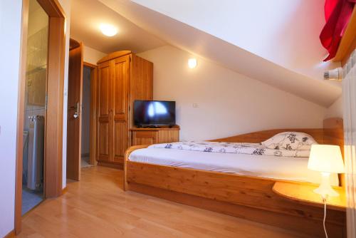 a small bedroom with a bed and a tv at Domačija Malnarjevi in Villa Slavina