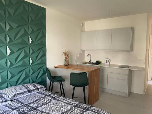 um quarto com uma cama e uma cozinha com um balcão em Studio 5 mins from the beach em Brighton & Hove