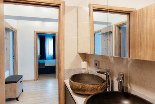een badkamer met een wastafel en een spiegel bij The blue Norwegian house in Boekarest