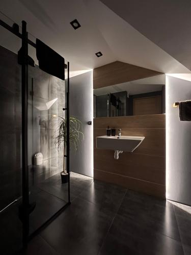 a bathroom with a sink and a mirror at Dom - Apartamenty Prestige - opcja jacuzzi i sauna in Solina