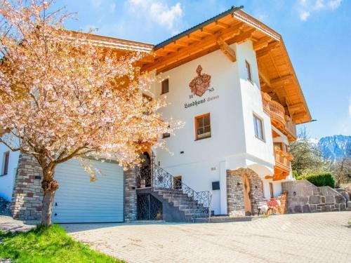 a house in the mountains with a garage at Apartment with panoramic view in Ramsau