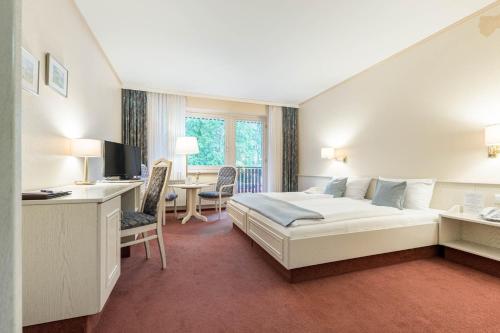 Habitación de hotel con cama y escritorio en Hotel Ilmenautal inklusive THERMEplus, en Bad Bevensen
