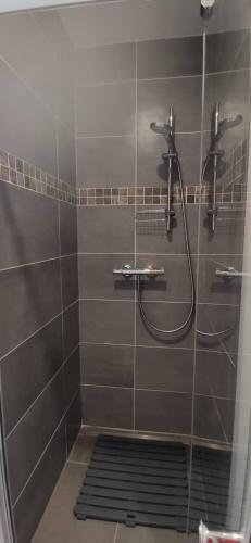 een badkamer met een douche met een douchekop bij Studio climatisé calme et équipé pour trois jours minimun in Saint-Gély-du-Fesc