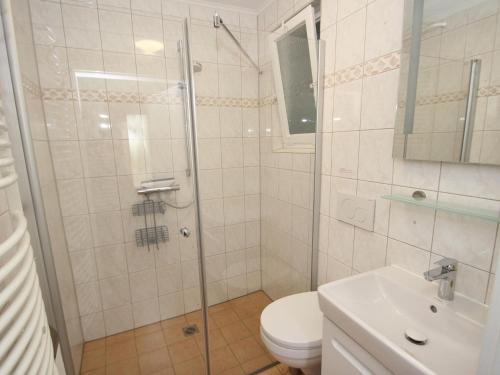 a bathroom with a shower and a toilet and a sink at Charmantes Ferienhaus mit Kamin in Lintig in Lintig
