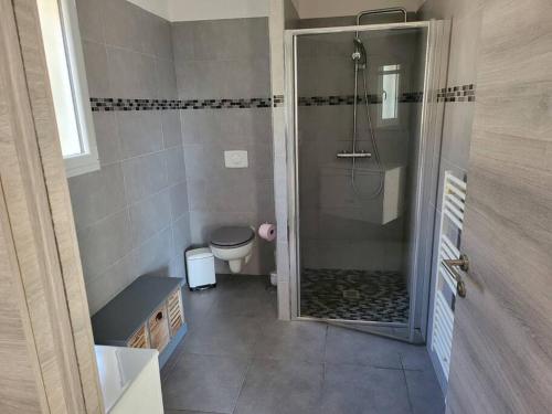 une salle de bain avec douche et toilettes dans l'établissement LA VILLA DE AUDREY MER ET MONTAGNE, à Santa-Lucia-di-Moriani
