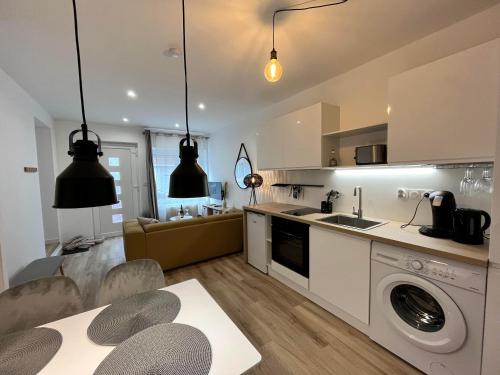 a kitchen and living room with a sink and a dishwasher at L'escale Amiénoise Loft in Amiens