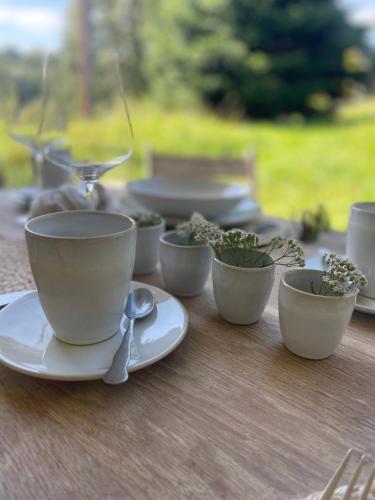 a table with cups and spoons and plants on it at Sunhand home in Eibiswald