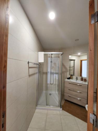 a bathroom with a shower and a sink at Blue Horizon, Sea and Mountain view in Estreito da Calheta