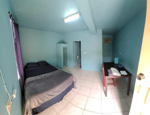 a bedroom with a bed and a desk in a room at Airport Inn Roatan in Coxen Hole