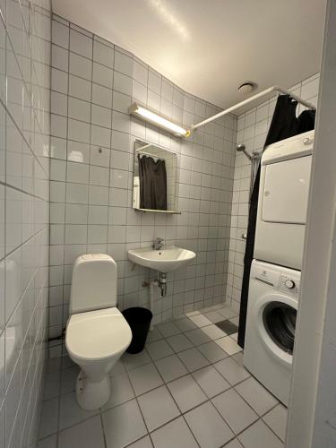 een badkamer met een toilet, een wastafel en een wasmachine bij Grunerløkka Apartments in Oslo