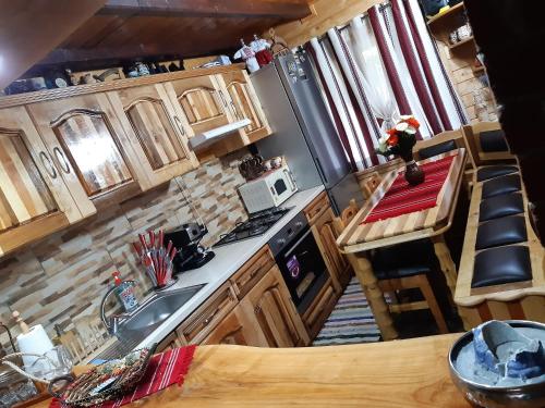 Draufsicht auf eine Küche mit Herdplatte und Backofen in der Unterkunft Cabana La Mariuca in Borsa