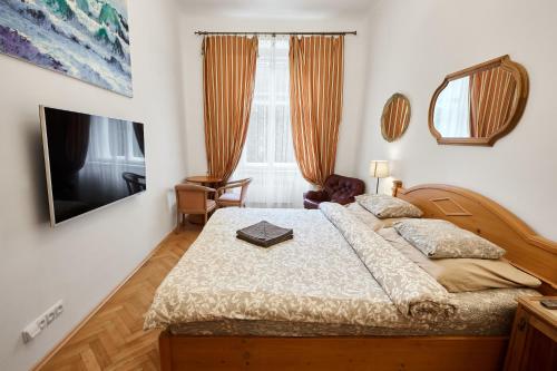 1 dormitorio con 1 cama grande y TV en Room & Parking Assistance en Praga
