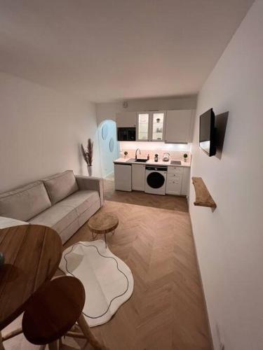 un salon avec un canapé et une cuisine dans l'établissement La perle du parc - Studio, à Rocquencourt