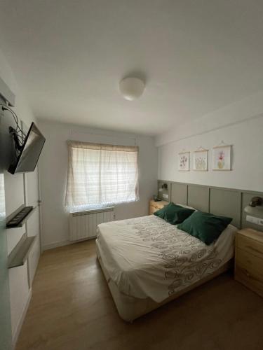 ein Schlafzimmer mit einem Bett mit grünen Kissen und einem Fenster in der Unterkunft CASA KiKA in Penáguila