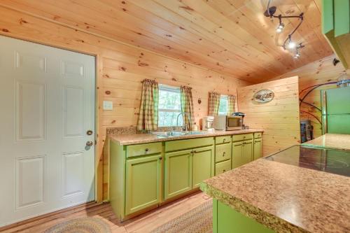 a kitchen with green cabinets and a white door at Serene Centre Hall Cabin with Stream On-Site! in Centre Hall