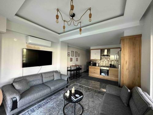 een woonkamer met een bank, een tv en een tafel bij Kusadasi Guzelcamli Loft Home in Kuşadası