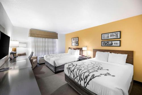 a hotel room with two beds and a desk at Sleep Inn & Suites Carlsbad Caverns Area in Carlsbad