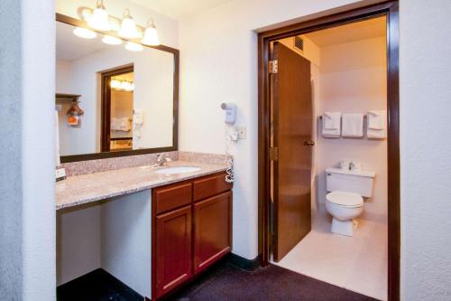 a bathroom with a sink and a toilet and a mirror at Quality Inn Stadium Area in Green Bay