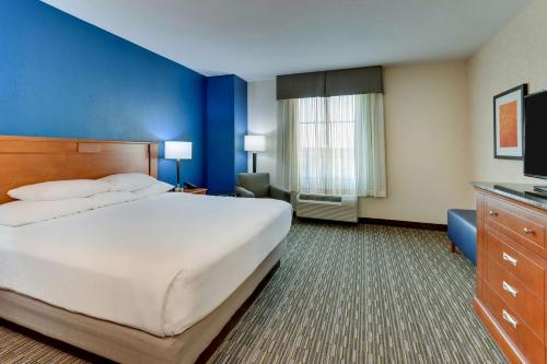 サイクストンにあるDrury Inn & Suites Sikestonの大型ベッドとテレビが備わるホテルルームです。