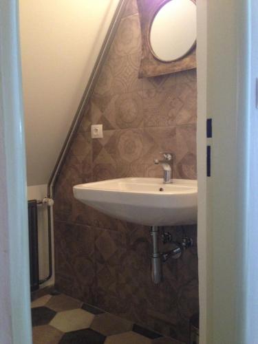 a bathroom with a sink and a mirror at Penzion Kostnický dům in Tábor