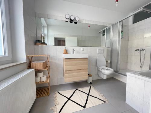 a bathroom with a sink toilet and a mirror at 150qm - 5 rooms - free parking - MalliBase Apartments in Hannover