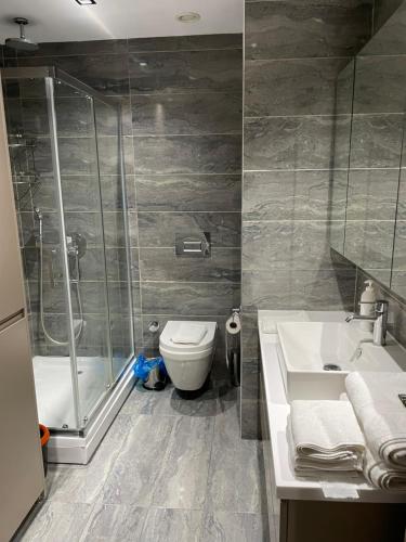 a bathroom with a shower and a toilet and a sink at 2 bedrooms apartment in 5 stars Hotel comfort in Istanbul
