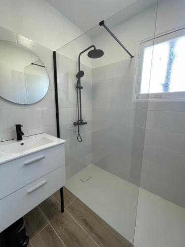 uma casa de banho com um chuveiro, um lavatório e um espelho. em L'Ocenoa2 em Mimizan
