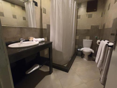 a bathroom with a sink and a shower and a toilet at Borg El Thaghr Hotel in Alexandria
