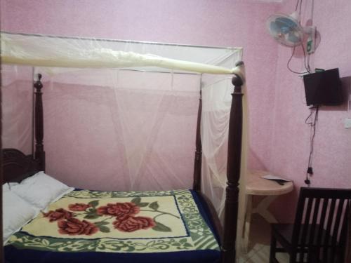 ein Bett mit Baldachin in einem rosa Schlafzimmer in der Unterkunft Perfect Visits Breakfast and Bed 