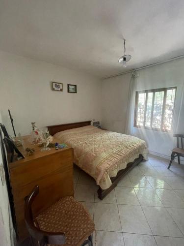 a bedroom with a bed and a desk and a window at Apartament Dukat Albania in Dukat