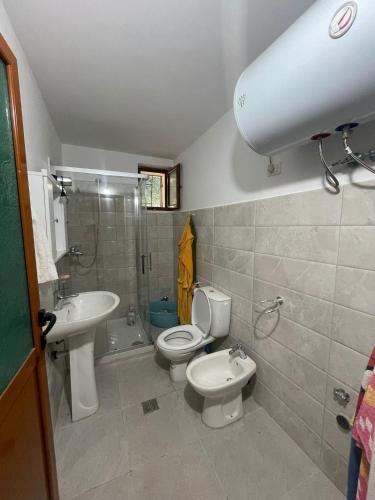 a bathroom with a toilet and a sink and a shower at Apartament Dukat Albania in Dukat
