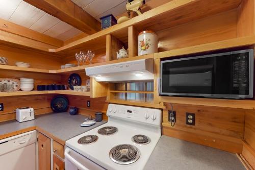 a kitchen with a white stove and a microwave at The Canopy House in Clinton