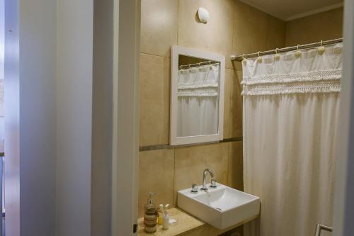 a bathroom with a sink and a shower curtain at Confortable loft deluxe con cochera en Yerba Buena in Yerba Buena