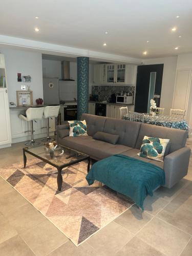 un salon avec un canapé et une table dans l'établissement Gite Paon, à Kintzheim