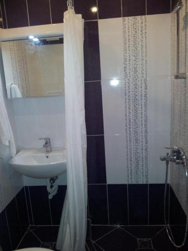 uma casa de banho com um lavatório, um chuveiro e um WC. em Apartment Zlatina em Pomorie