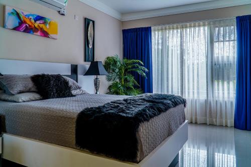 1 dormitorio con 1 cama con cortinas azules y ventana en Luxury Kingston Apt - Pool & free parking 20 south, en Kingston