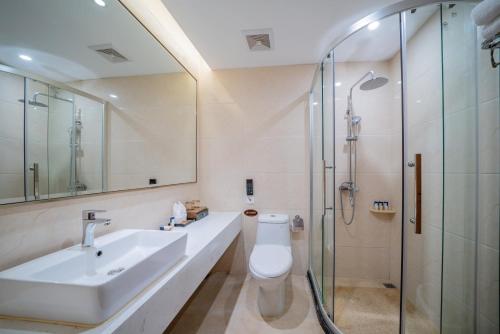 a bathroom with a toilet and a sink and a shower at White Swan Guest House in Zhaoqing