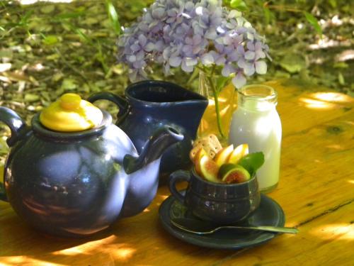 a table with two tea pots and a cup of fruit at El Rincon Eco Hotel in Los Ángeles